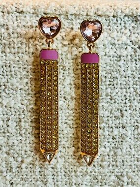 Pink Heart Top Gold Tone Crystal Pencil Drop Earrings